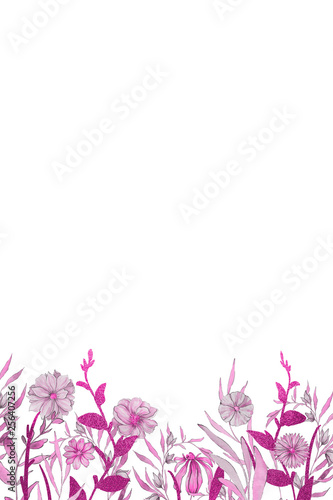 Watercolor spring frame with pink foliage and splashes on the white isolated background. Beautiful and elegant design.