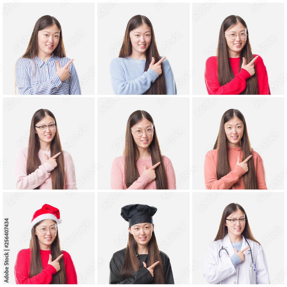Collage of young doctor, chef asian woman isolated background cheerful with a smile of face pointing with hand and finger up to the side with happy and natural expression on face Collage of young doctor, chef asian woman isolated background cheerful with a smile of face pointing with hand and finger up to the side with happy and natural expression on face
