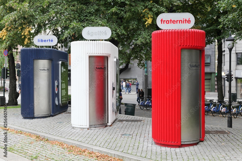 Public toilets in Oslo city at Spikersuppa park with french national colors Public toilets in Oslo city at Spikersuppa park with french national colors