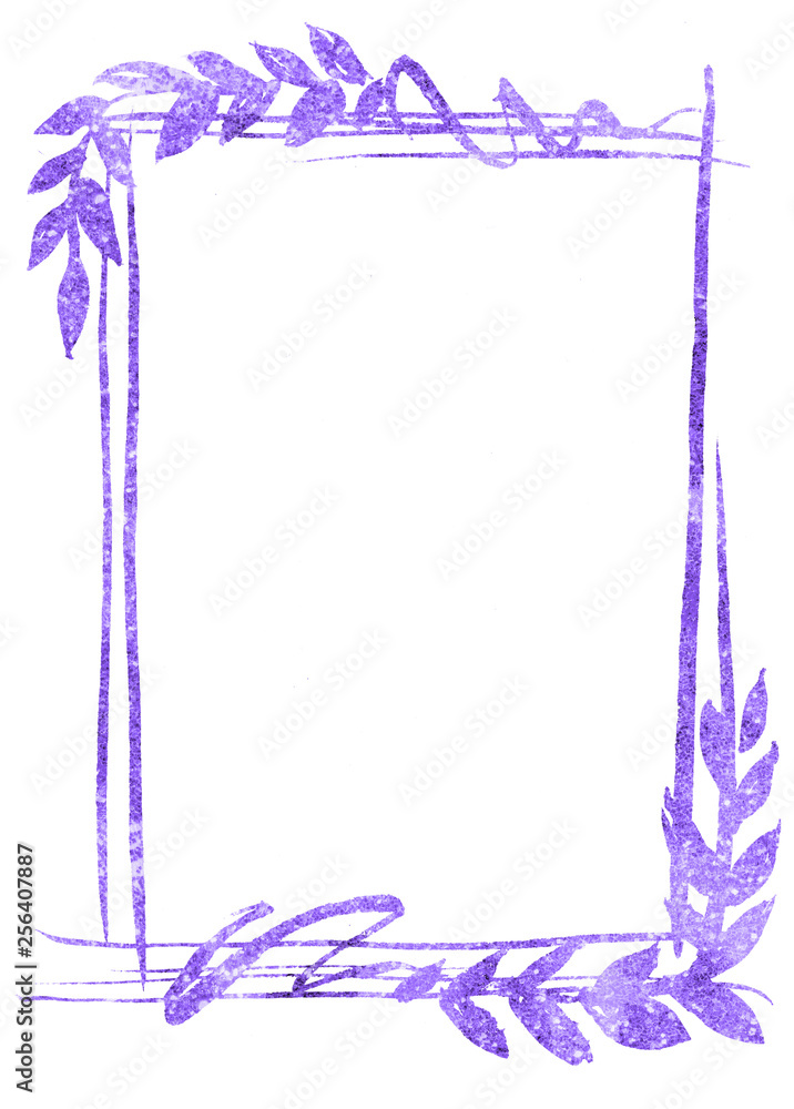 Obraz premium Violet floristic watercolor frame with line foliage, flowers and leaves on the white isolated background. Beautiful and elegant design.