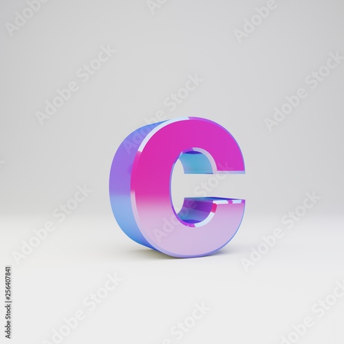 3d letter C lowercase. Rendered multicolor metal font with glossy reflections and shadow isolated on white background.