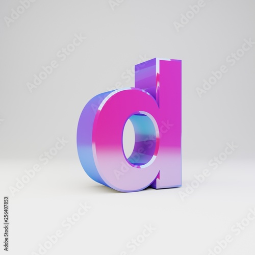 3d letter D lowercase. Rendered multicolor metal font with glossy reflections and shadow isolated on white background.