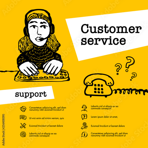 Customer service concept. Support operator chat. Web banner with female character with a headset on yellow background. Doodle ink style vector illustration.