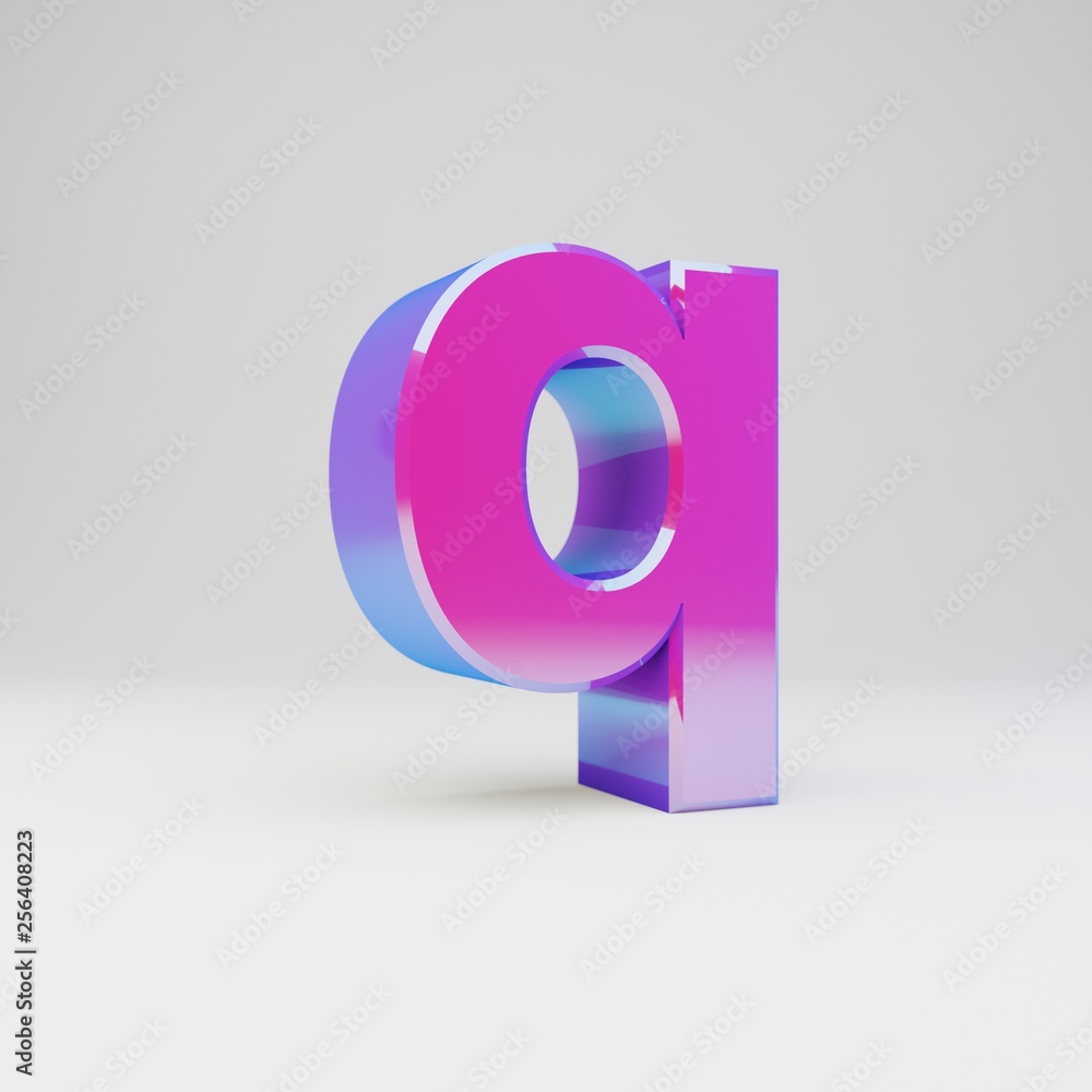 3d letter Q lowercase. Rendered multicolor metal font with glossy reflections and shadow isolated on white background. 3d letter Q lowercase. Rendered multicolor metal font with glossy reflections and shadow isolated on white background.