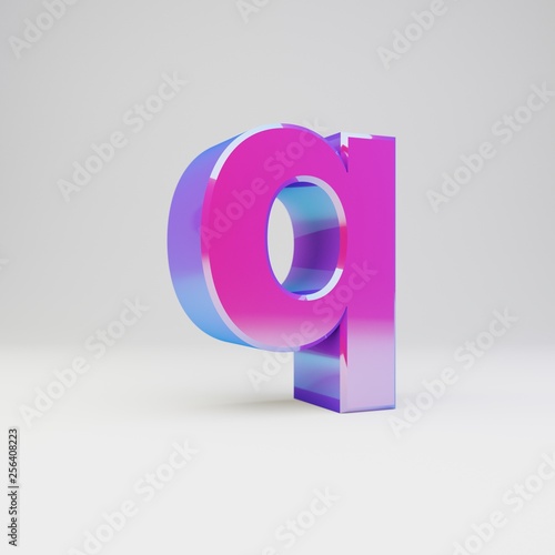 3d letter Q lowercase. Rendered multicolor metal font with glossy reflections and shadow isolated on white background.