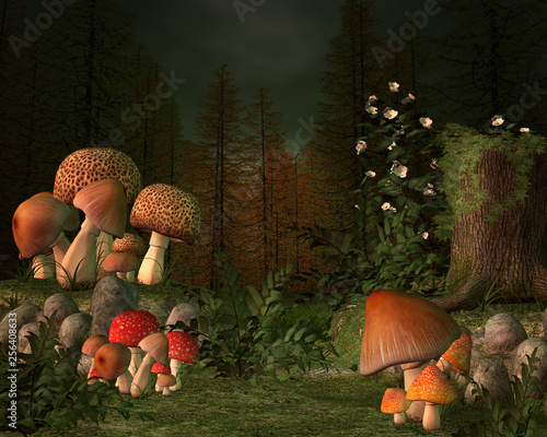 Mushrooms enchanted place in a firs forest – 3D illustration