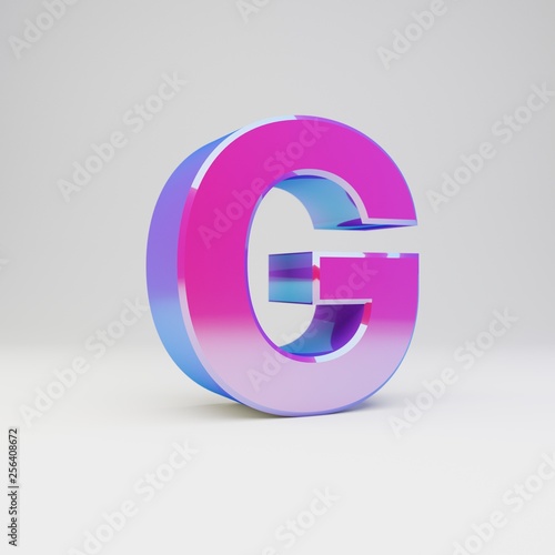 3d letter G uppercase. Rendered multicolor metal font with glossy reflections and shadow isolated on white background.