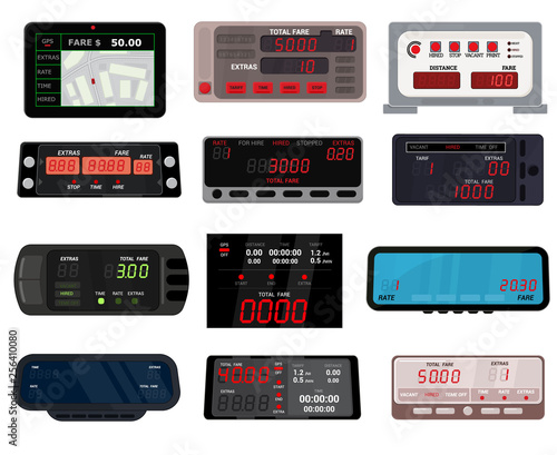 Taximeter vector cab car fare taxi meter device equipment measurement illustration set of auto distance display carfare transporting isolated on white background