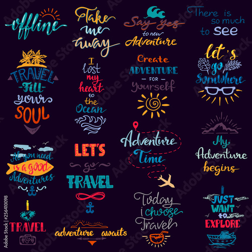 Traveling lettering vector adventure sign and journey typographic print illus...