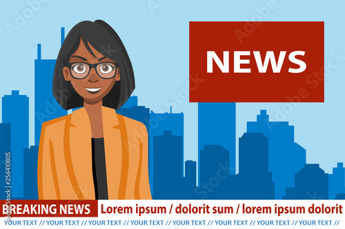Anchorwoman on tv broadcast news. Breaking News vector illustration. Media on television concept. Flat vector illustration