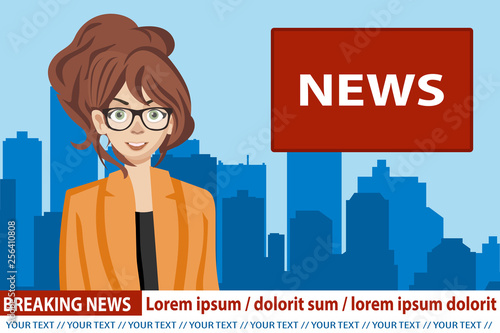 Anchorwoman on tv broadcast news. Breaking News vector illustration. Media on television concept. Flat vector illustration