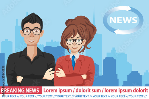 Anchorman on tv broadcast news. Breaking News vector illustration. Media on television concept. Flat vector illustration