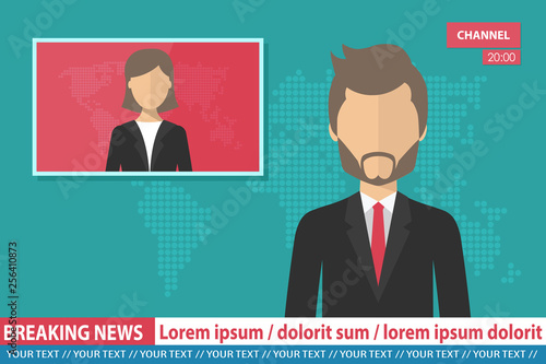Anchorman on tv broadcast news. Breaking News vector illustration. Media on television concept. Flat vector illustration
