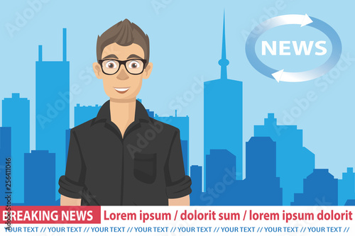 Anchorman on tv broadcast news. Breaking News vector illustration. Media on television concept. Flat vector illustration