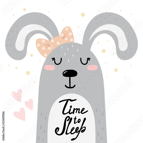 Cute Time to sleep card with hand drawn bunny. vector print.