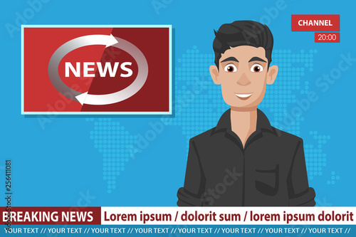 Anchorman on tv broadcast news. Breaking News vector illustration. Media on television concept. Flat vector illustration