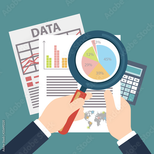 Businessman hands with magnifier. Flat vector illustration