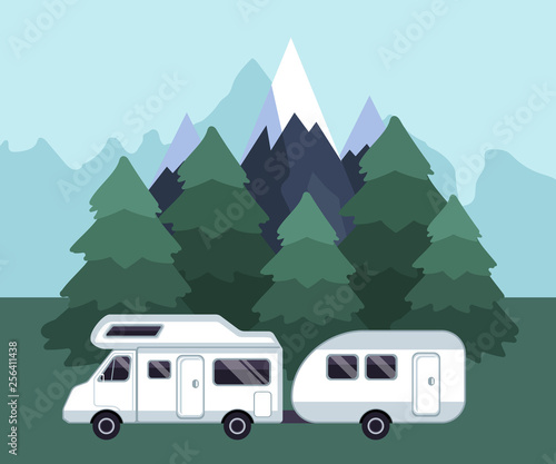 Camping travel landscape. Camping van on a camping site. Road trip concept. Flat vector illustration