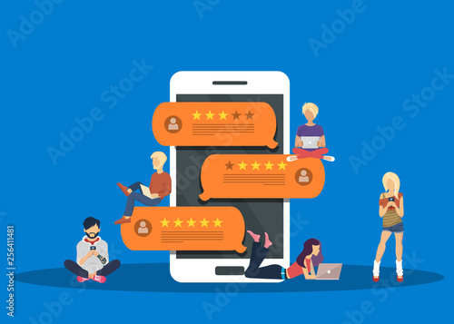 Concept of feedback, testimonials messages and notifications. Rating on customer service illustration. Speech bubbles on mobile phone with review rating, flat style smart phone reviews stars.