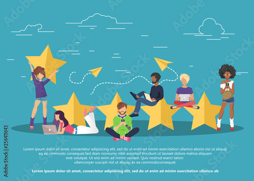 Concept of feedback, testimonials messages and notifications. Rating on customer service illustration. Five big stars with people sitting on them and giving reviews on their lap tops. Flat vector