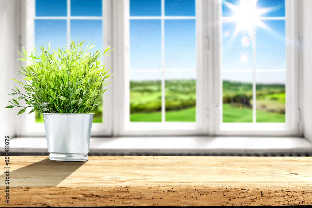Fototapeta premium Desk of free space and spring window space 