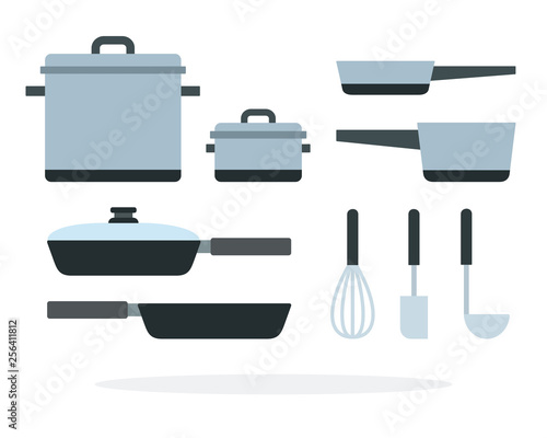 Cooking pans and saucepan with a whisk and ladle vector flat isolated