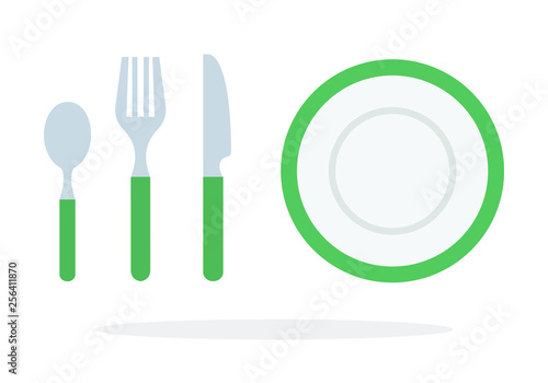 Tablespoons teaspoon fork, knife, plate with green piping vector flat isolated