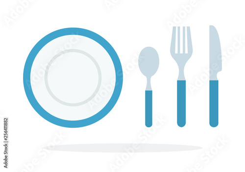 Tablespoons teaspoon, fork, knife, plate with blue piping vector flat isolated
