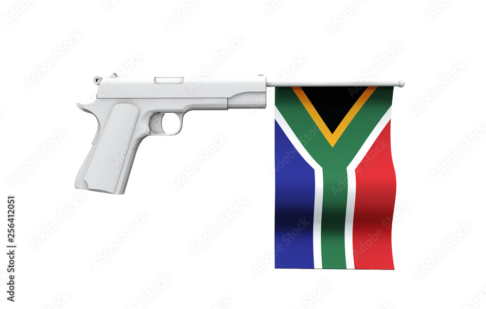 South Africa gun control concept. Hand gun with national flag South Africa gun control concept. Hand gun with national flag