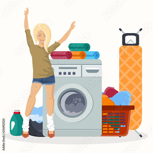 Happy woman next to laundry equipment. Working washing machine with linen baskets, detergent, ironing board and towels. Cleaning service concept. Flat vector illustration