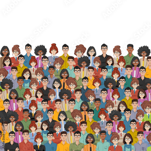 Join our community. Crowd of united people as a business or creative community standing together. Flat concept vector website template and landing page design for invitation to summit or conference