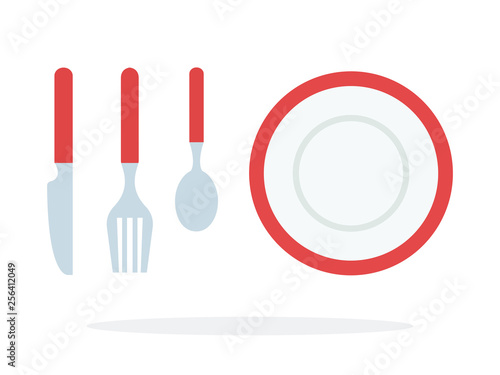 Fork, spoon, knife and plate with red piping vector flat isolated
