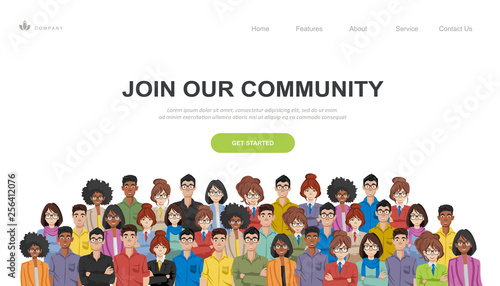 Join our community. Crowd of united people as a business or creative community standing together. Flat concept vector website template and landing page design for invitation to summit or conference