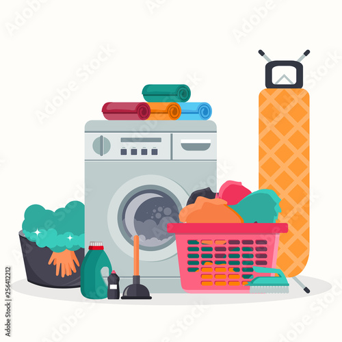Laundry room service concept. Working washing machine with linen baskets, detergent, ironing board and towels. Cleaning service concept. Flat vector illustration