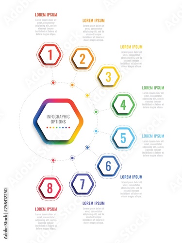 eight steps 3d infographic template with hexagonal elements. business process template with options for brochure, diagram, workflow, timeline, web design