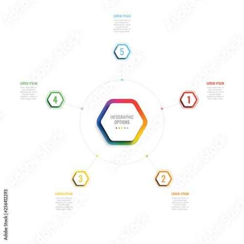 five steps 3d infographic template with hexagonal elements. business process template with options for brochure, diagram, workflow, timeline, web design
