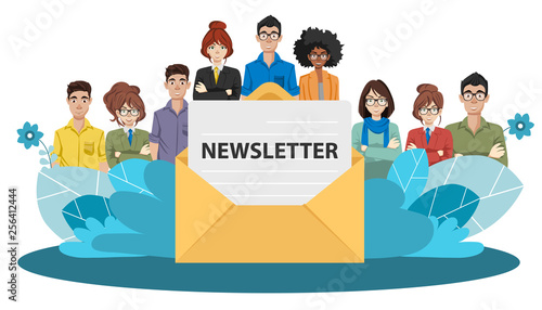 Flat design concept of regularly distributed news publication via e-mail with some topics of interest to its subscribers. Flat vector illustration. Newsletter concept
