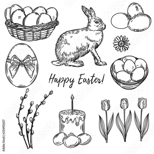 Vector vintage engraving illustration of easter symbols.Easter eggs, rabbit, willow flowers, easter cake and tulips.