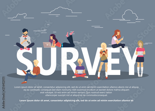 Online survey concept vector illustration of people fulfilling checklist. Flat vector illustration