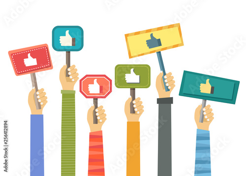Business compliment concept. Thumbs up hands. Flat vector illustration