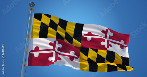 Maryland flag on clear blue sky, patriotic background. 3d illustration