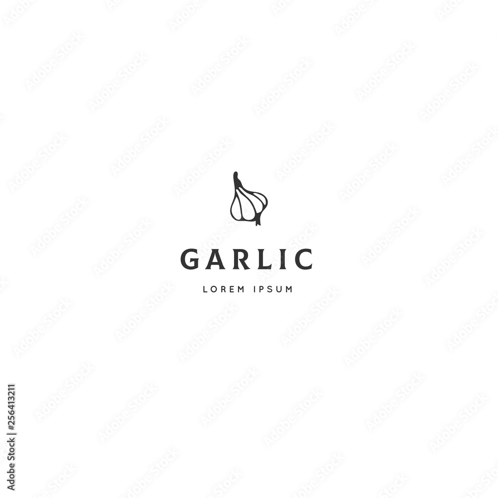 Food logo template, garlic. Vector hand drawn object.