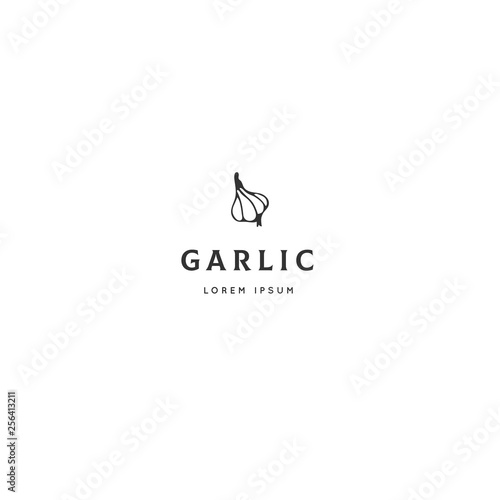Food logo template, garlic. Vector hand drawn object.