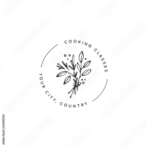 Vector hand drawn object, a bunch of spices. Kitchen round logo template.