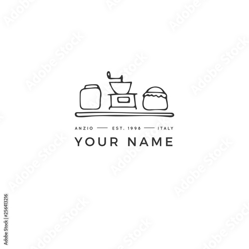 Vector hand drawn object. Kitchen logo element, a shelf with kitchenware.