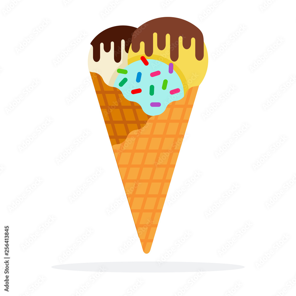 Balls of ice cream in a waffle cone with chocolate sauce flat isolated