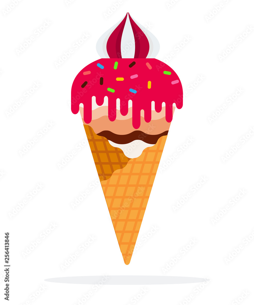 Ice cream in a waffle cone with berry sauce flat isolated