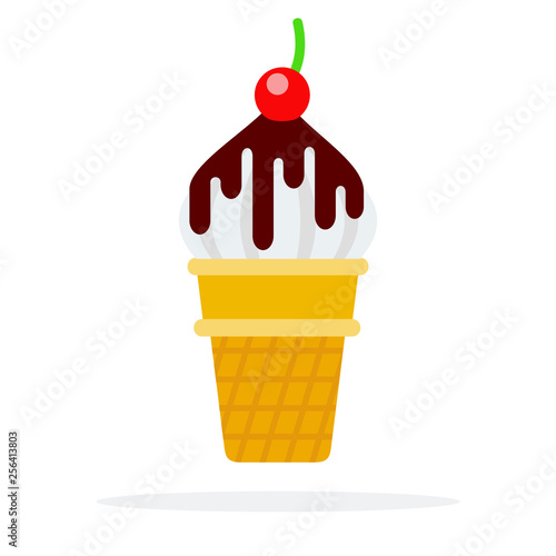 Ice cream in a waffle cup with chocolate sauce and cherries flat isolated