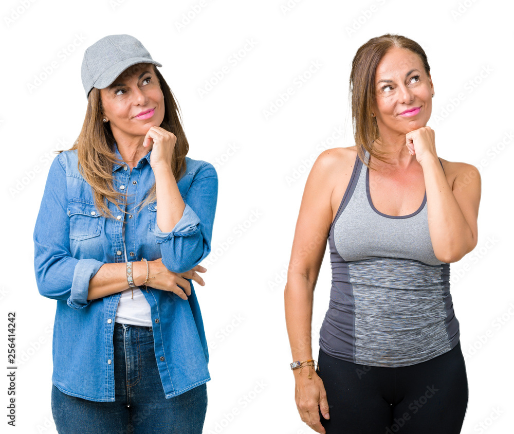 Collage of beautiful middle age woman wearing sport outfit over isolated background with hand on chin thinking about question, pensive expression. Smiling with thoughtful face. Doubt concept. Collage of beautiful middle age woman wearing sport outfit over isolated background with hand on chin thinking about question, pensive expression. Smiling with thoughtful face. Doubt concept.