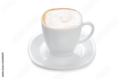 white cup of cappuccino isolated on white background